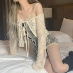 Lace-Up Bodycon Dress Set – Y2K Slim Fit with Sheer Cardigan - All Dresses - Long - V-neck - Sets - 4