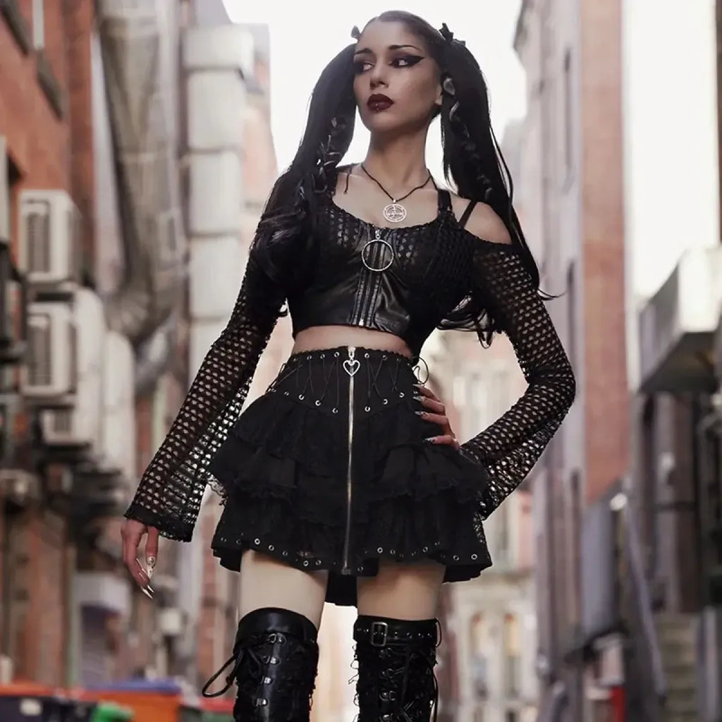 Gothic Lace-Up Corset Skirt – Kawaii Harajuku Punk Ruffle Mini Skirt - Bottoms - Skirts - 4