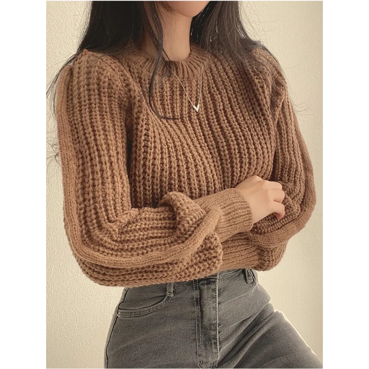Lantern Long Sleeve Sweater - Vintage Korean Chic Fashion - Sweaters - 5