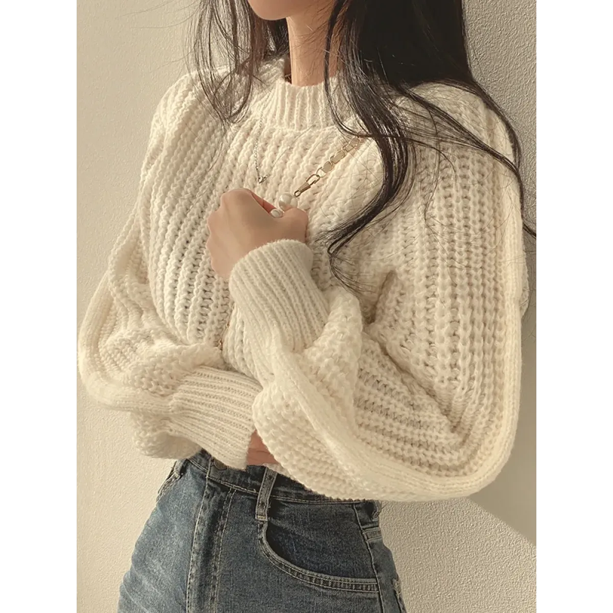 Lantern Long Sleeve Sweater - Vintage Korean Chic Fashion - Sweaters - 1