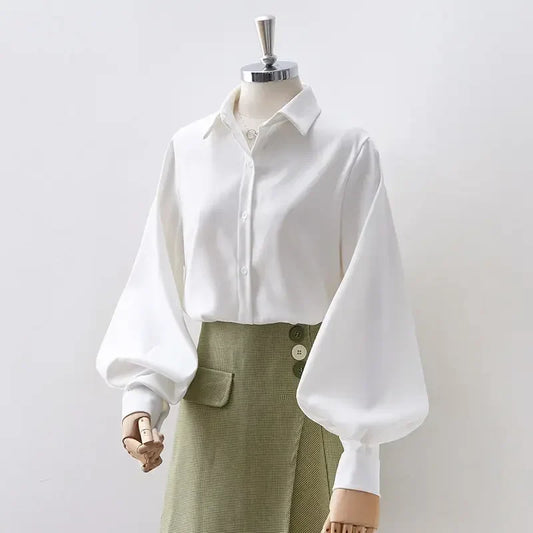 Lantern Sleeve Blouse – Elegant Vintage Button-Up Shirt - White / XL / CHINA - T-Shirts - Blouses - 2025 - 14