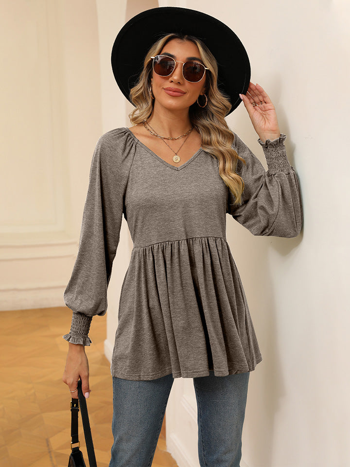 V-Neck Lantern Sleeve Blouse - Khaki / S - Women’s Clothing & Accessories - Shirts & Tops - 17 - 2024