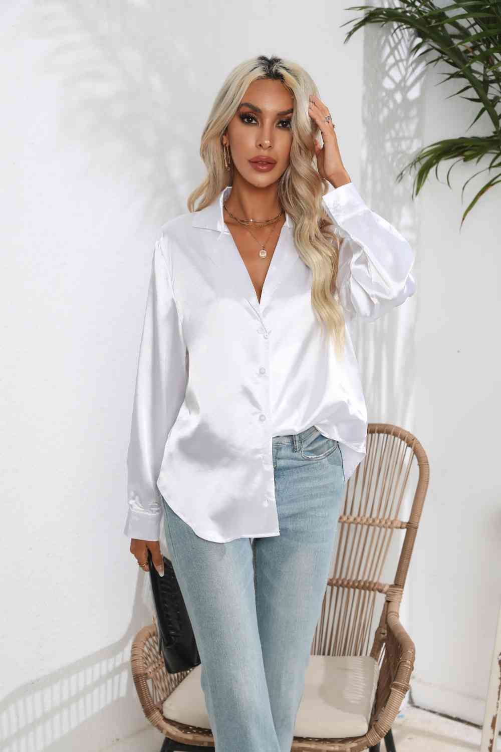 Lapel Collar Button Up Long Sleeve Shirt - White / S - T-Shirts - Shirts & Tops - 4 - 2024