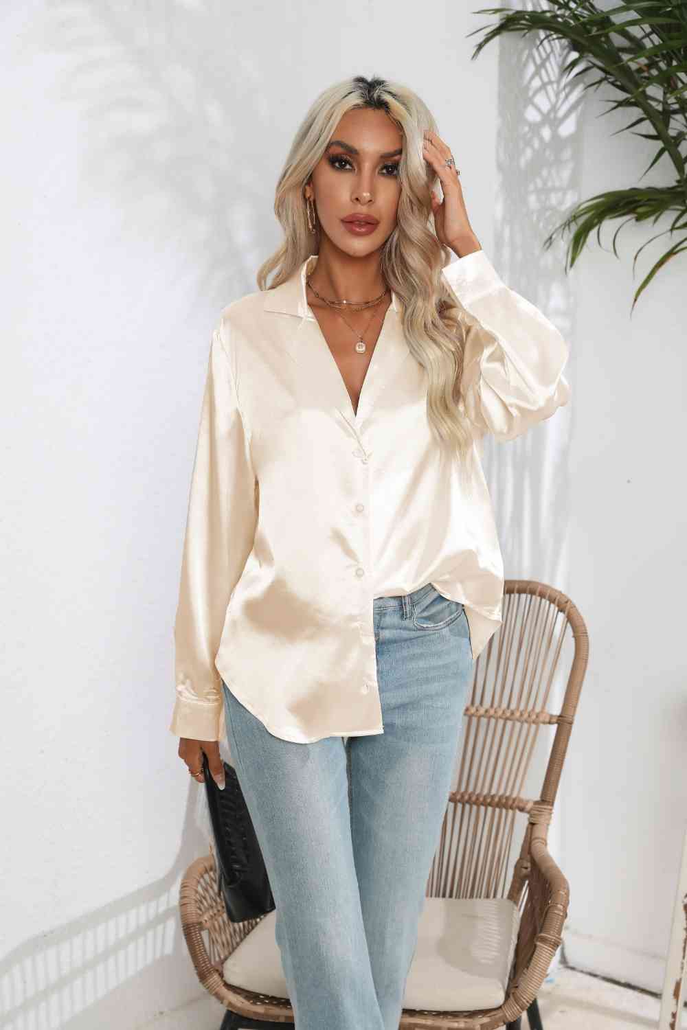 Lapel Collar Button Up Long Sleeve Shirt - Sand / S - T-Shirts - Shirts & Tops - 16 - 2024