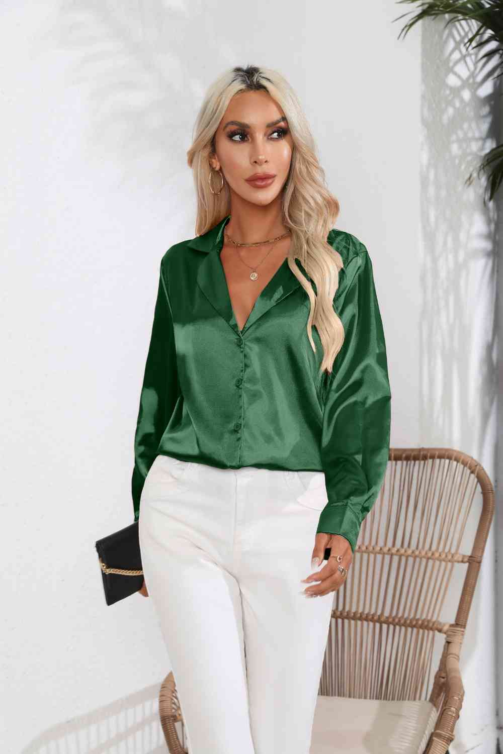 Lapel Collar Button Up Long Sleeve Shirt - Green / S - T-Shirts - Shirts & Tops - 13 - 2024