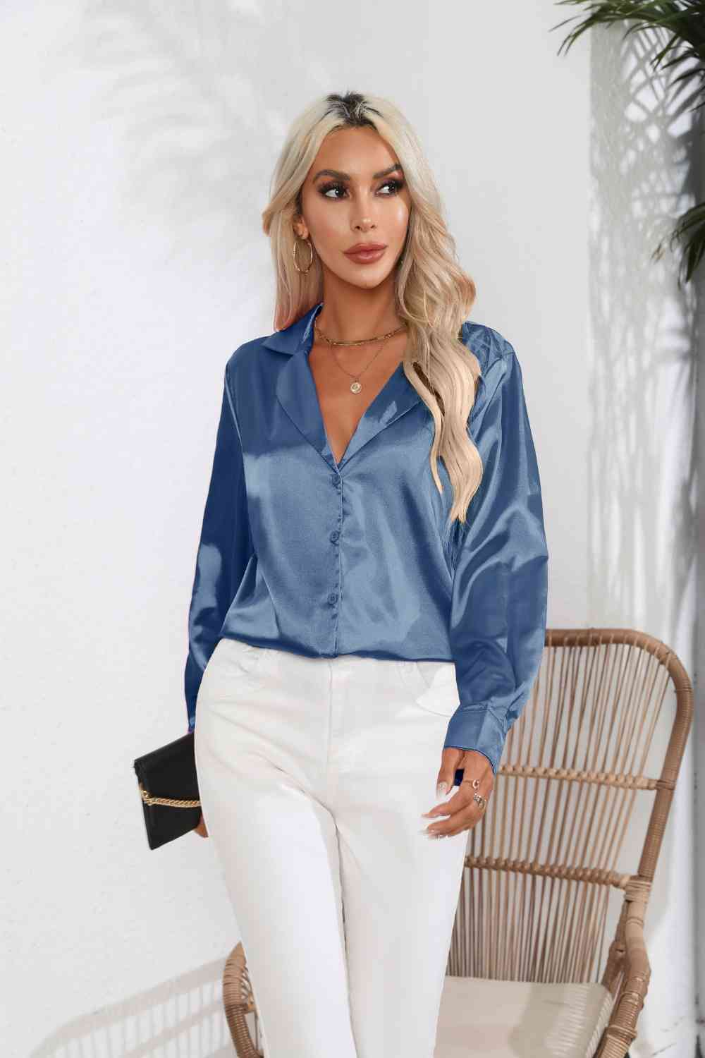 Lapel Collar Button Up Long Sleeve Shirt - Misty Blue / S - T-Shirts - Shirts & Tops - 10 - 2024