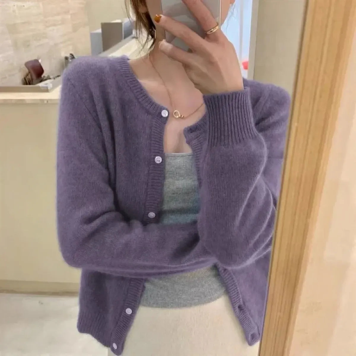 Lavender Knit Button-Up O-Neck Cardigan - Women’s Clothing & Accessories - Cardigan - 1