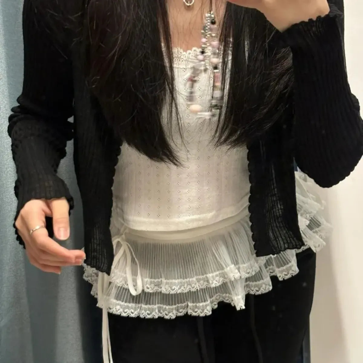 Layered Lace Mini Skirt – Y2K E-Girl High Waist Ruched Hem - Bottoms - Short - Skirts - 5