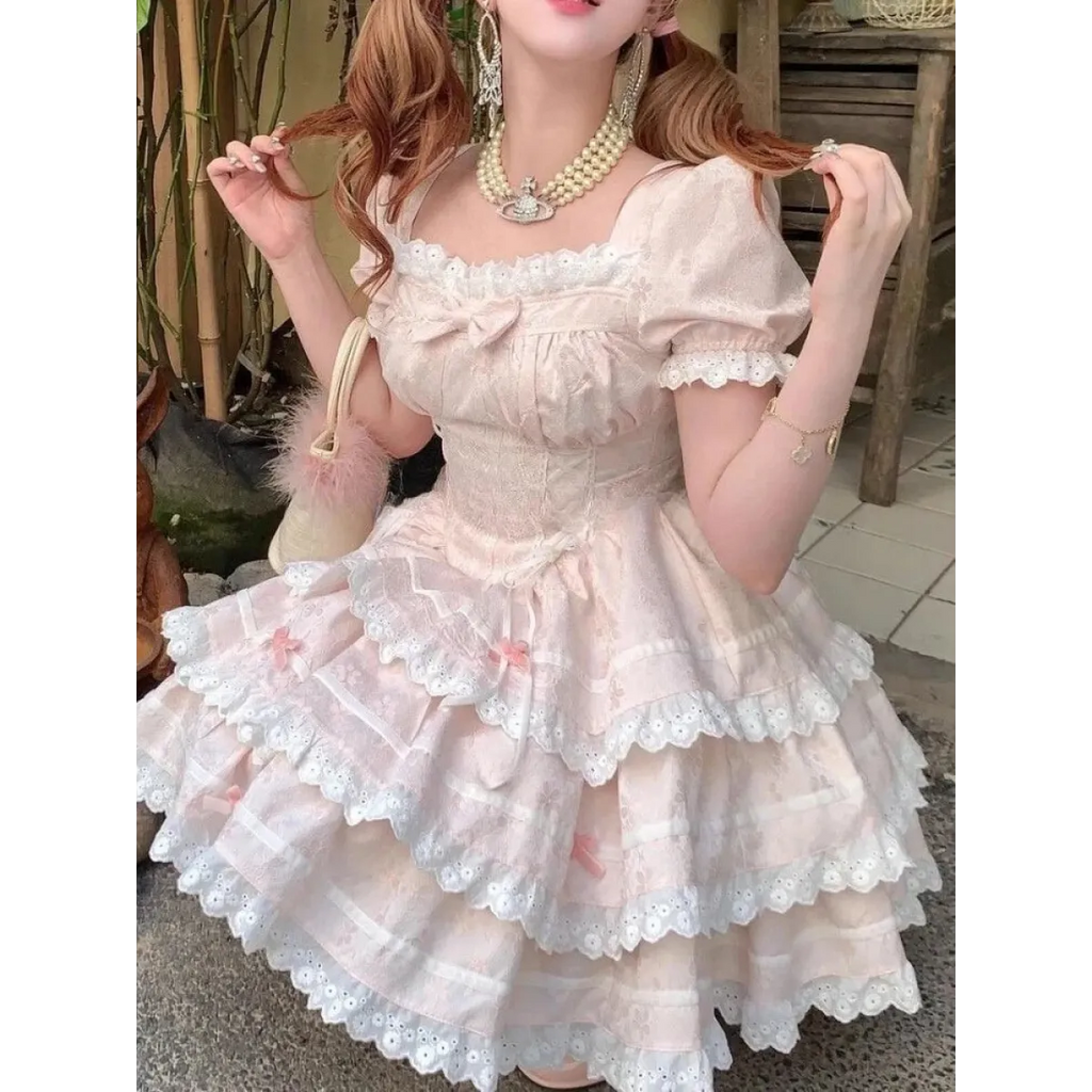 Pink Lace Bow Puff Sleeve Lolita Mini Dress - All Dresses - Lolita Dress - 2