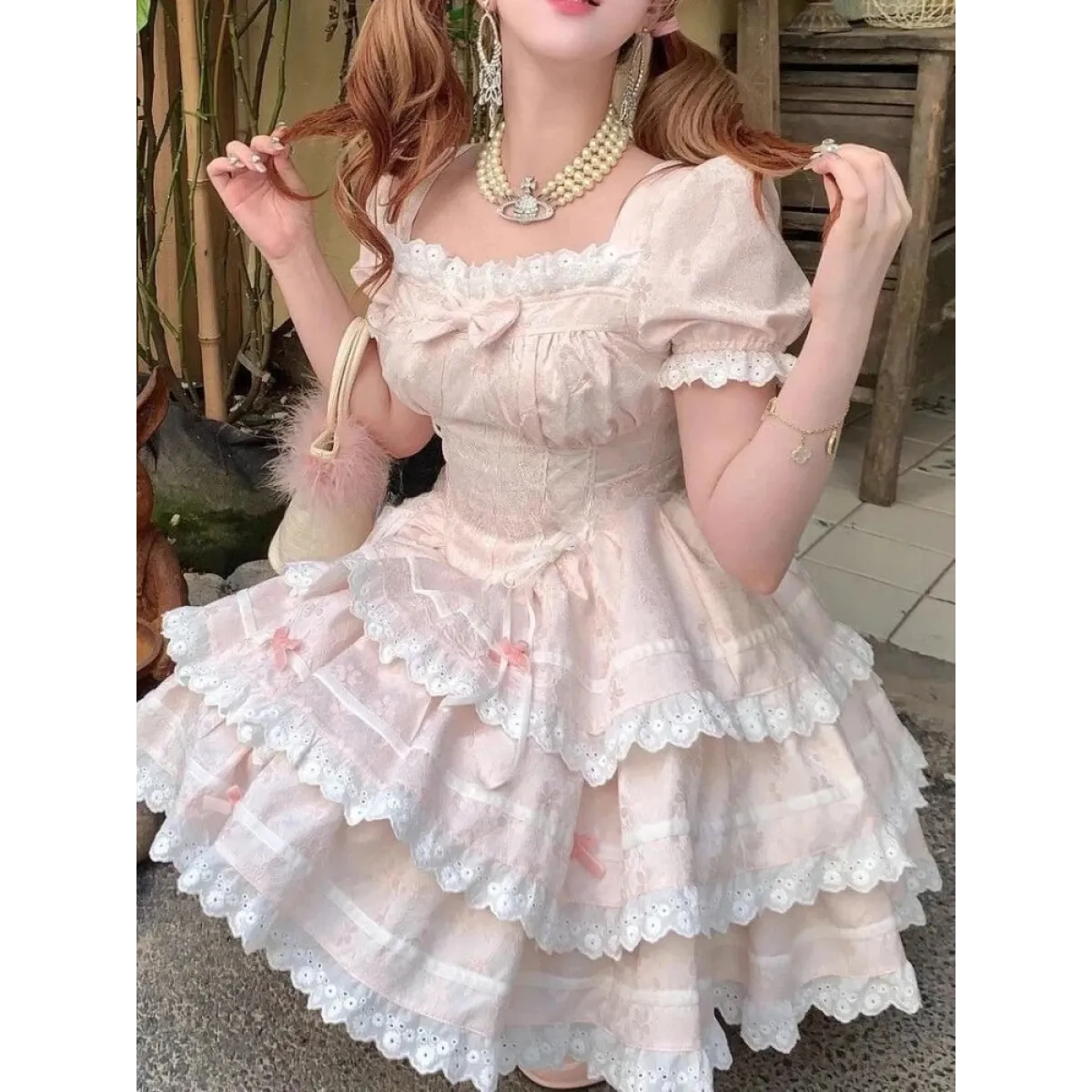 Pink Lace Bow Puff Sleeve Lolita Mini Dress - All Dresses - Lolita Dress - 2