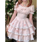 Pink Lace Bow Puff Sleeve Lolita Mini Dress - All Dresses - Lolita Dress - 1