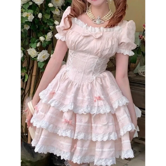 Pink Lace Bow Puff Sleeve Lolita Mini Dress - All Dresses - Lolita Dress - 1
