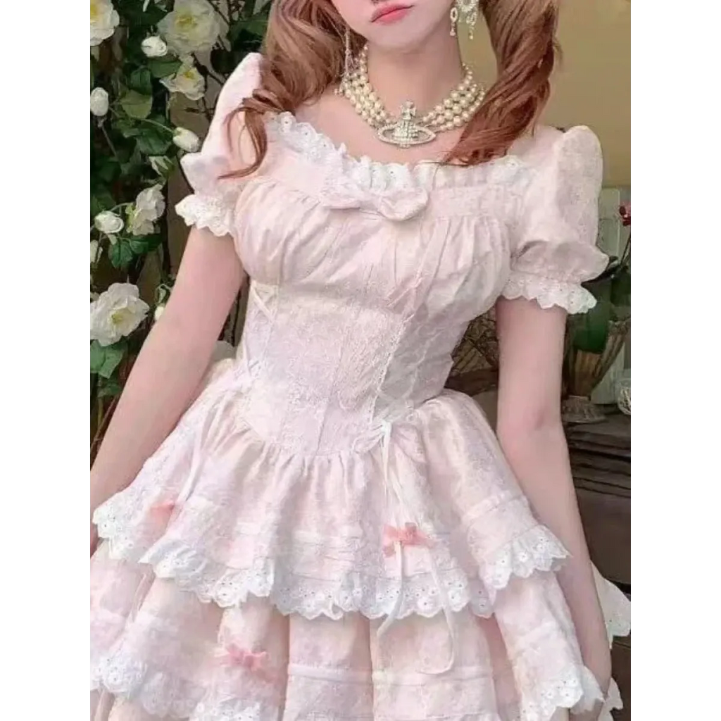 Pink Lace Bow Puff Sleeve Lolita Mini Dress - All Dresses - Lolita Dress - 3