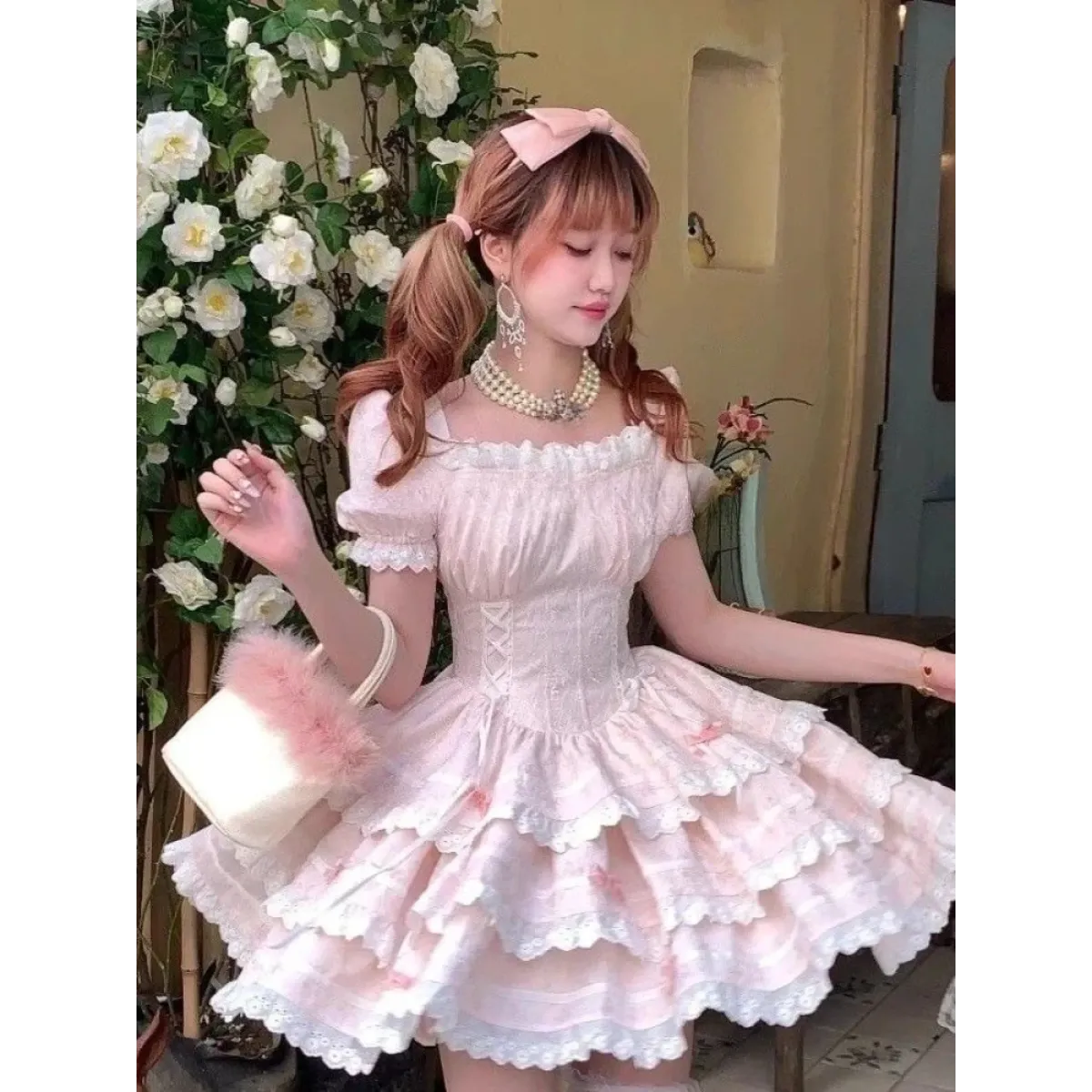 Pink Lace Bow Puff Sleeve Lolita Mini Dress - All Dresses - Lolita Dress - 5