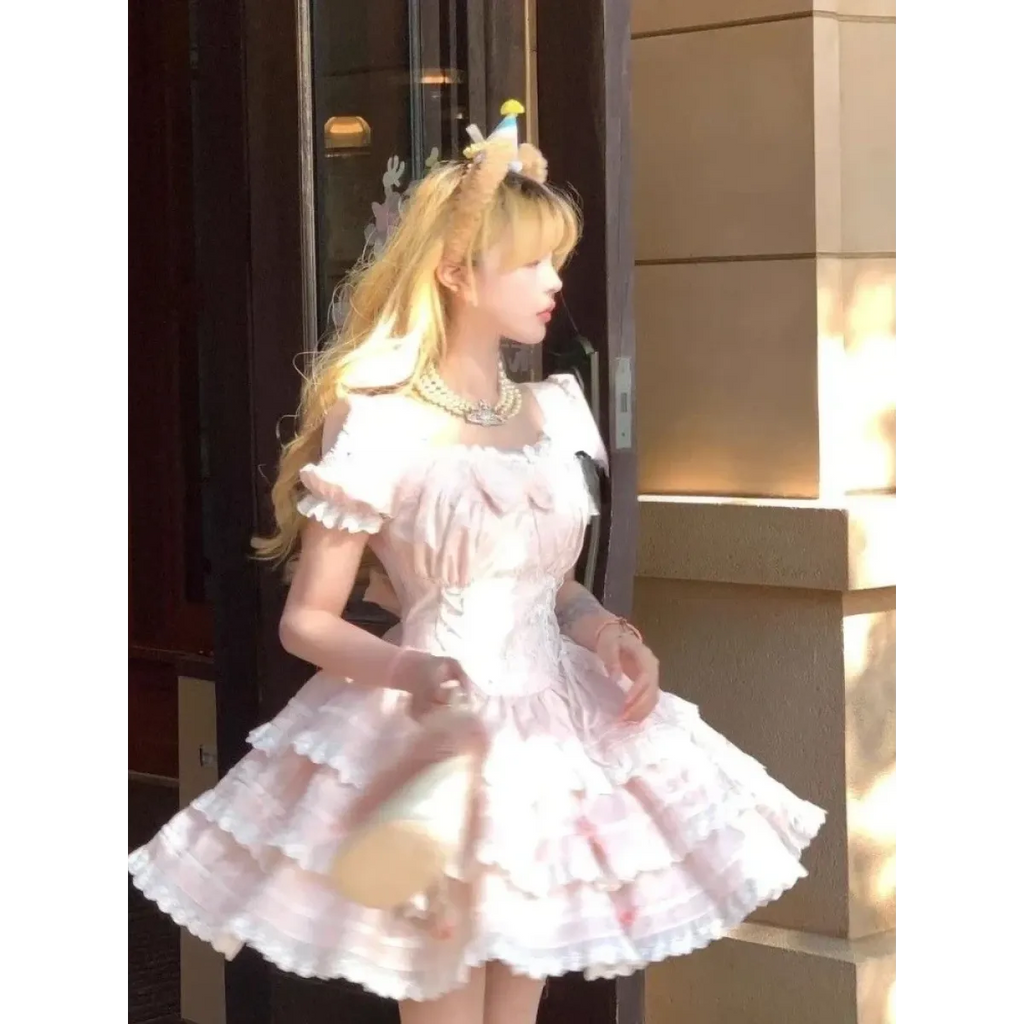 Pink Lace Bow Puff Sleeve Lolita Mini Dress - All Dresses - Lolita Dress - 6