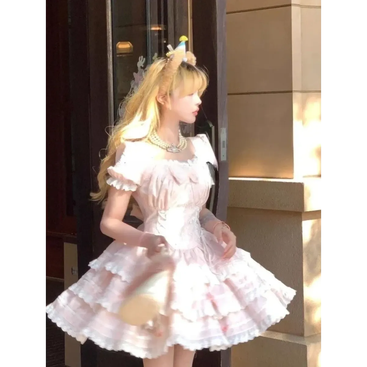 Pink Lace Bow Puff Sleeve Lolita Mini Dress - All Dresses - Lolita Dress - 6