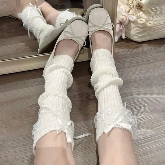 Lace Bow Knit Bubble Leg Warmers - Harajuku Style - Accessory - 2