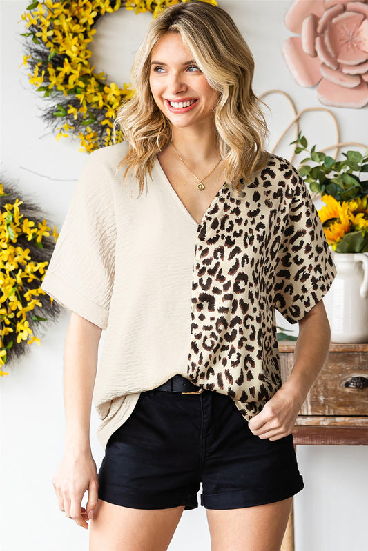 Leopard Color Block V-Neck Blouse - Tan / S - Women’s Clothing & Accessories - Shirts & Tops - 11 - 2024