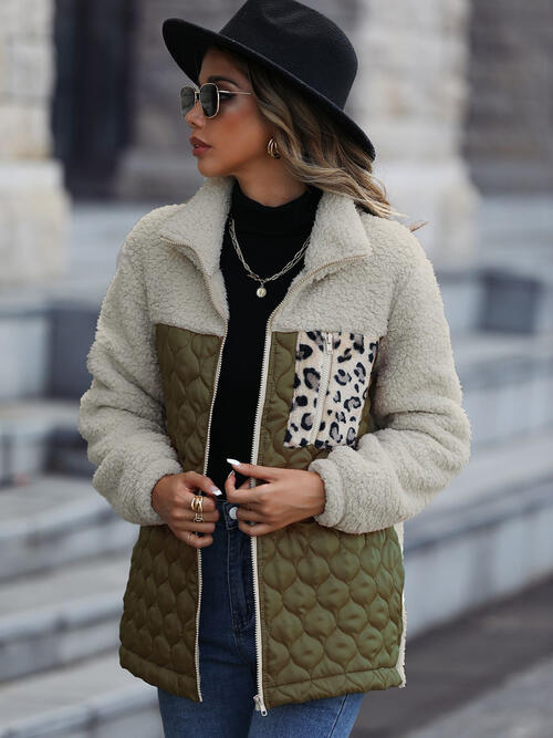 Leopard Color Block Zip-Up Jacket - Army Green / S - Jackets & Coats - Coats & Jackets - 5 - 2024