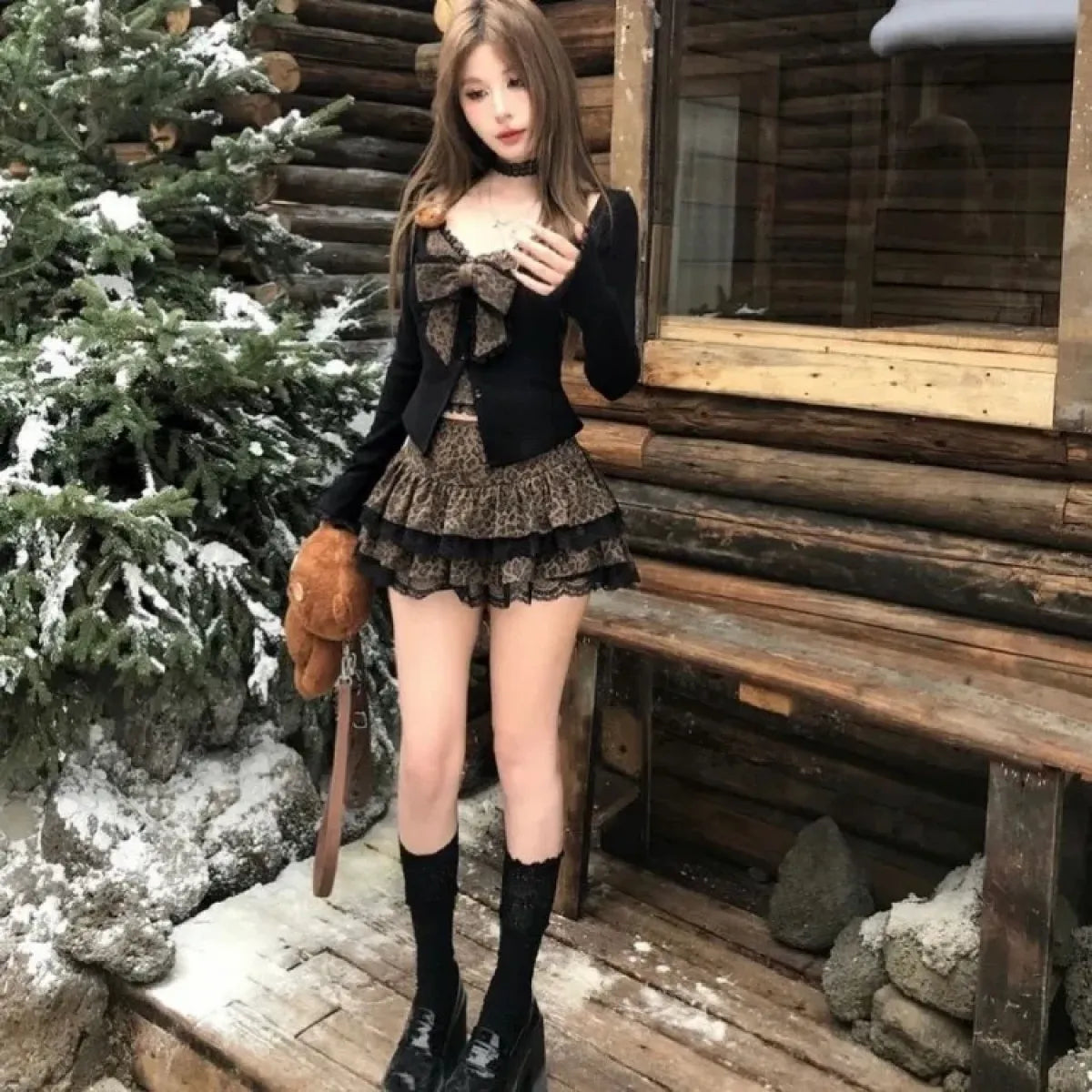 Leopard Print Bow Slim Fit Long Sleeve Lace Coat Women + Y2k High Waist Cake Skirts 2025 Autumn Winter New Two Piece