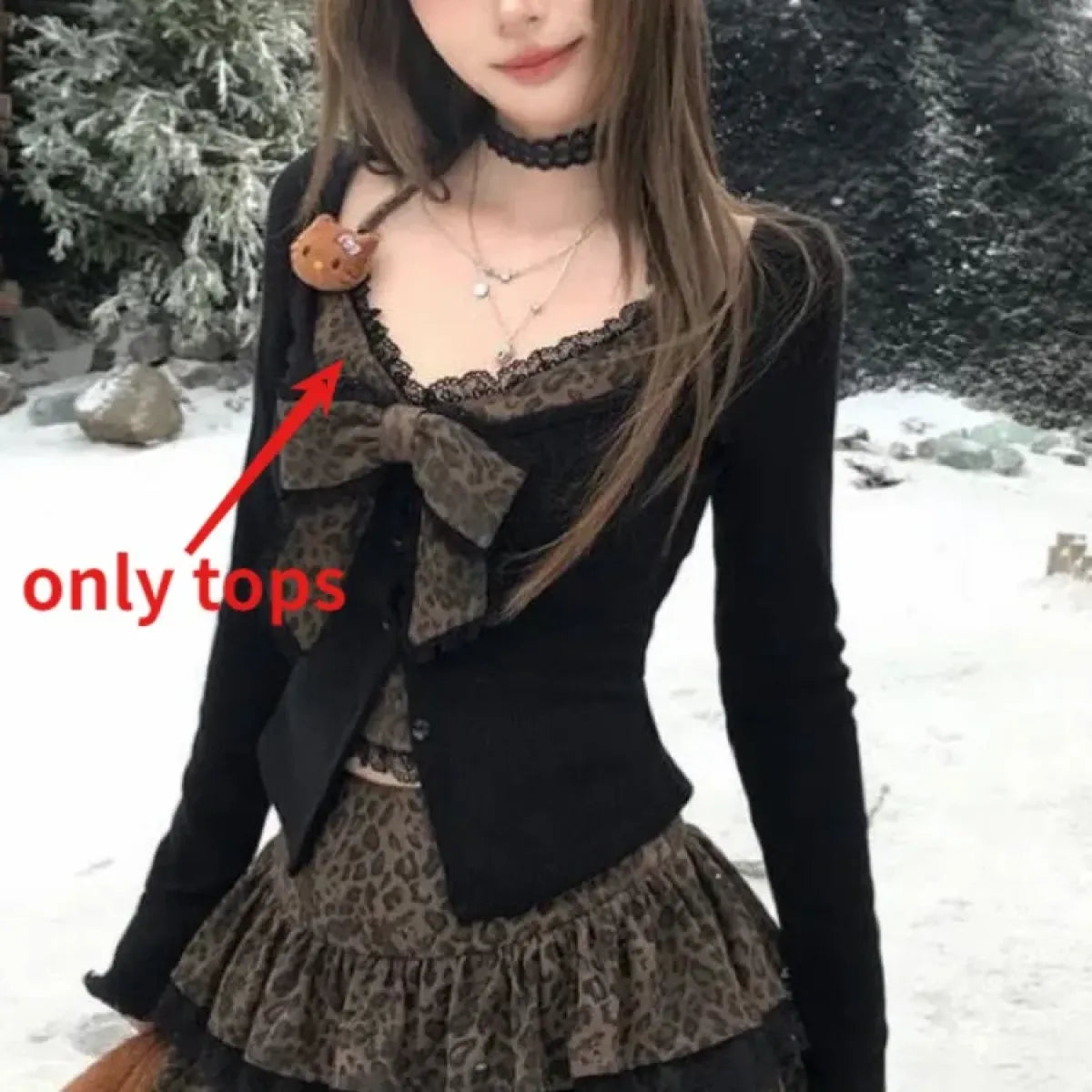 Leopard Print Bow Slim Fit Long Sleeve Lace Coat Women + Y2k High Waist Cake Skirts 2025 Autumn Winter New Two Piece