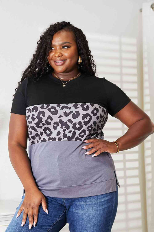 Leopard Print Color Block Short Sleeve T-Shirt - Black / S - T-Shirts - Shirts & Tops - 1 - 2024