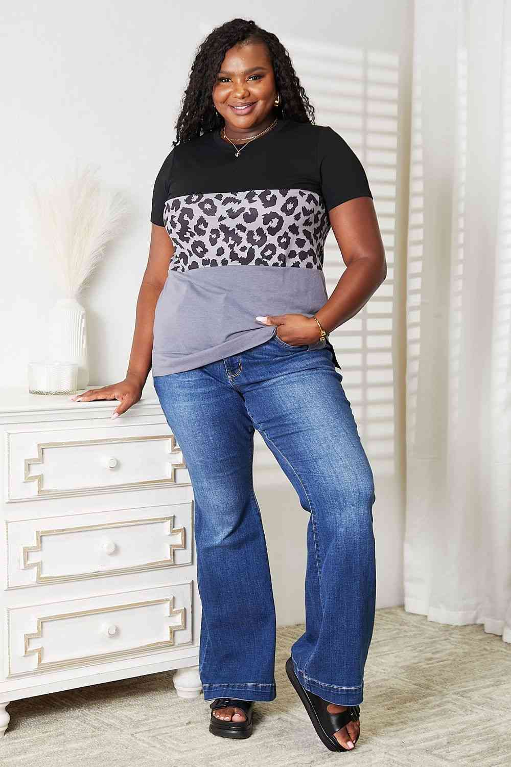 Leopard Print Color Block Short Sleeve T-Shirt - T-Shirts - Shirts & Tops - 3 - 2024