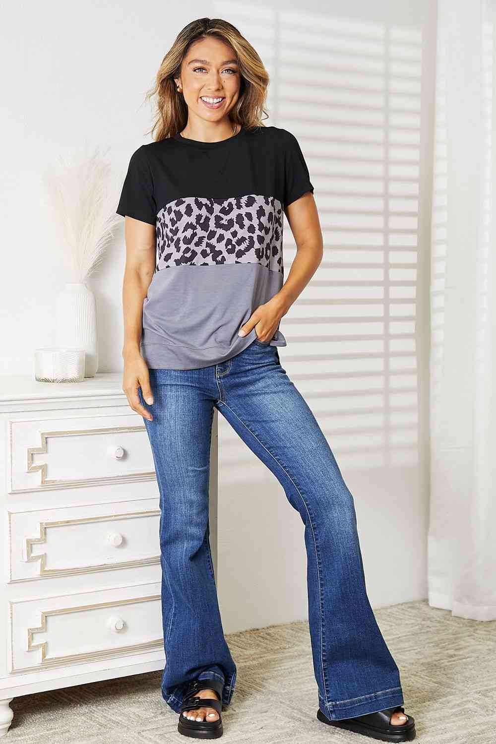 Leopard Print Color Block Short Sleeve T-Shirt - T-Shirts - Shirts & Tops - 8 - 2024