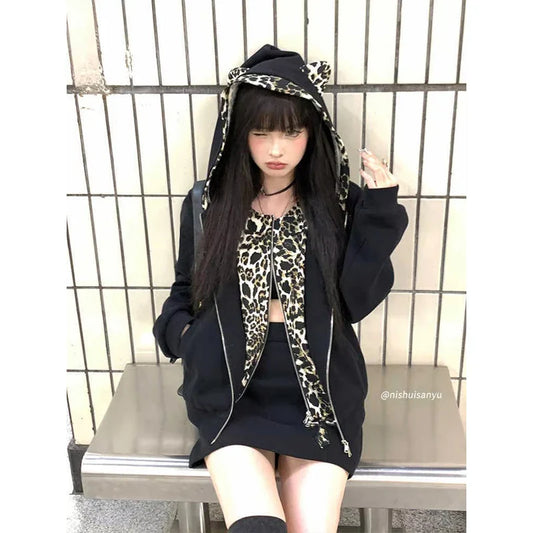 Black Leopard Print Hoodie – Harajuku Gyaru Oversized Zip-Up Sweatshirt - Black / XL - T-Shirts - Hoodies - 2025 - 7