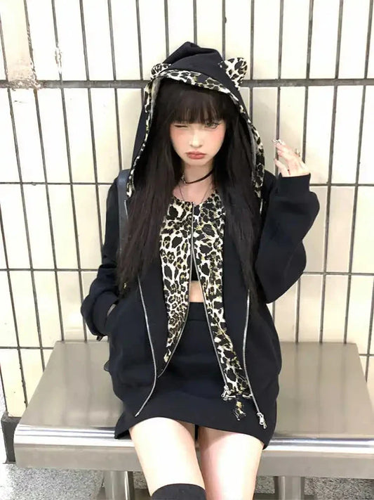 Black Leopard Print Hoodie – Harajuku Gyaru Oversized Zip-Up Sweatshirt - T-Shirts - Hoodies - 2025 - 2 - Worldwide