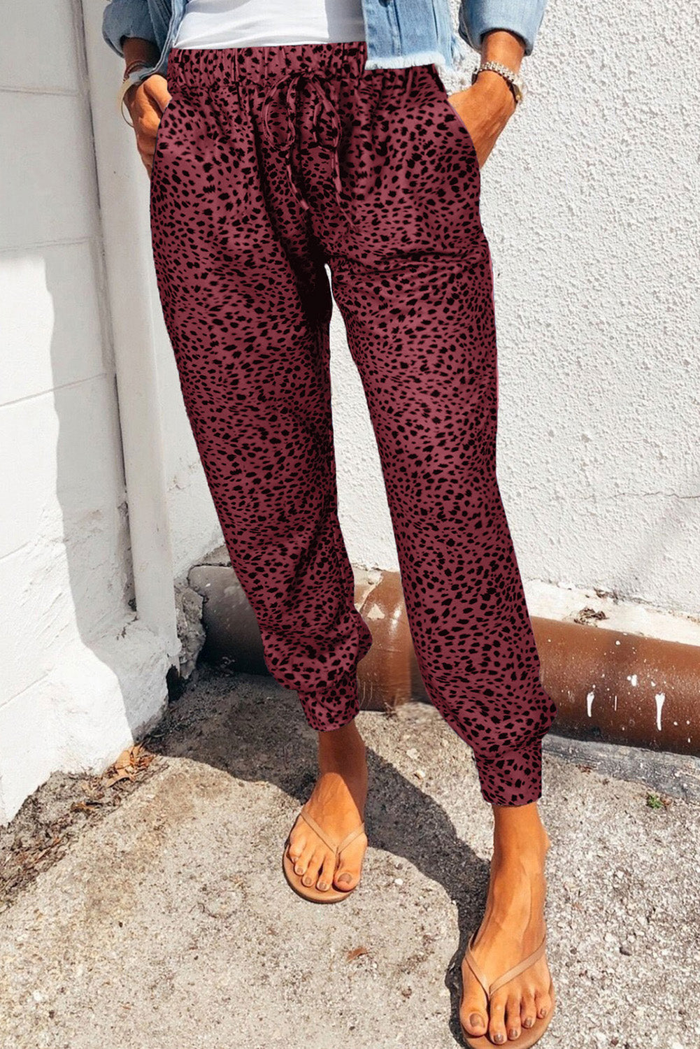 Leopard Print Joggers with Pockets - Dark Red / S - Bottoms - Pants - 13 - 2024