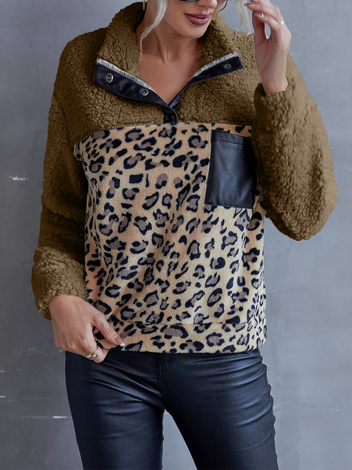 Leopard Quarter-Snap Teddy Sweatshirt - Brown / S - T-Shirts - Shirts & Tops - 1 - 2024