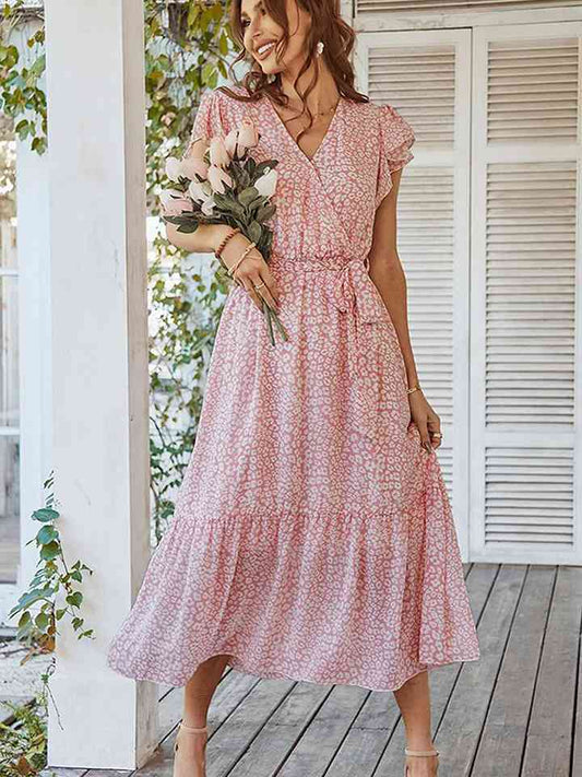 Leopard Surplice Neck Flutter Sleeve Dress - Blush Pink / S - All Dresses - Dresses - 1 - 2024