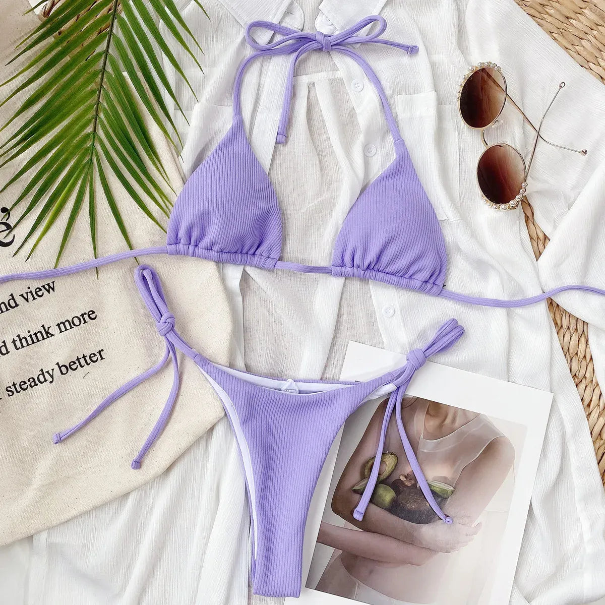 Ribbed String Bikini Set – Kawaii Halter Tie Beach Swimwear - Best Sellers - Spaghetti strap - Swimwear - 1