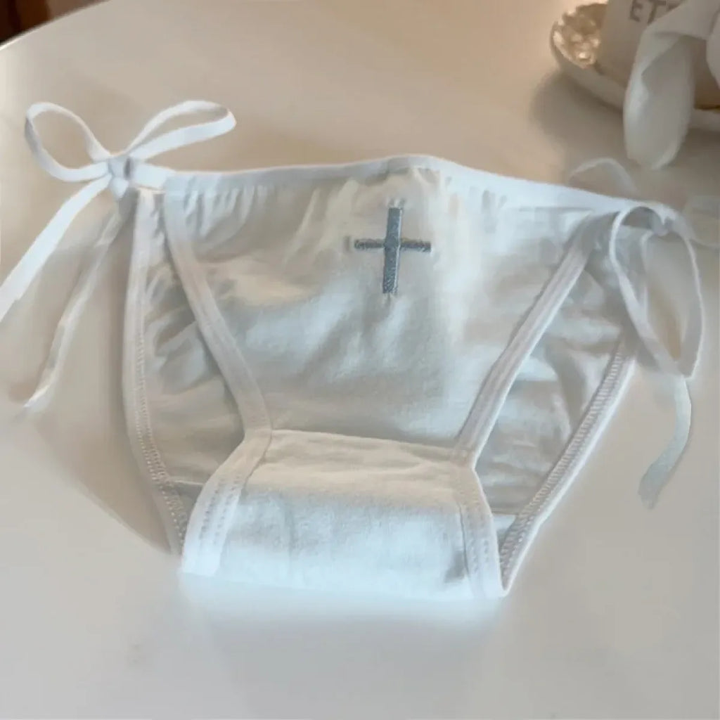 Cross Embroidered Low-Waist Lace-Up Lolita Cotton Panties – Kawaii - Sexy Lingerie - Panties - 7