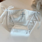 Cross Embroidered Low-Waist Lace-Up Lolita Cotton Panties – Kawaii - Sexy Lingerie - Panties - 7