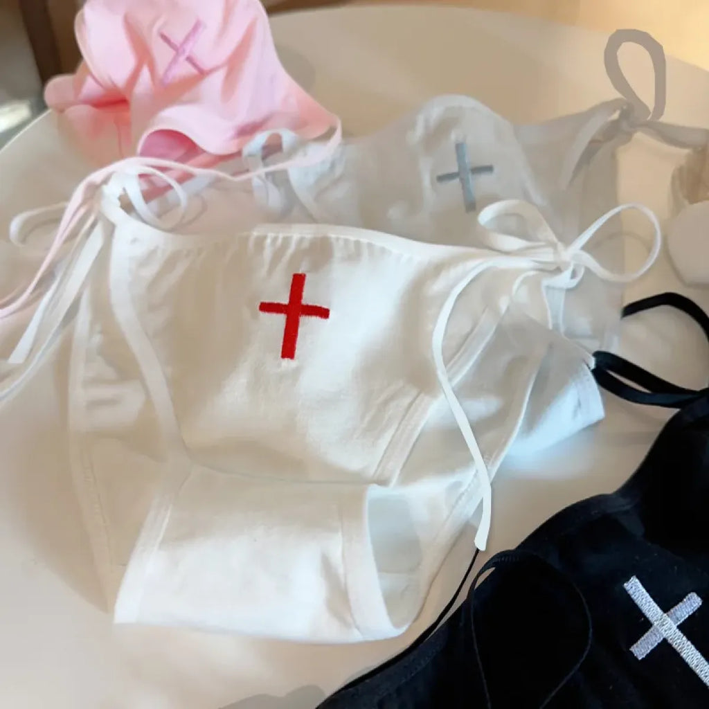 Cross Embroidered Low-Waist Lace-Up Lolita Cotton Panties – Kawaii - Sexy Lingerie - Panties - 1