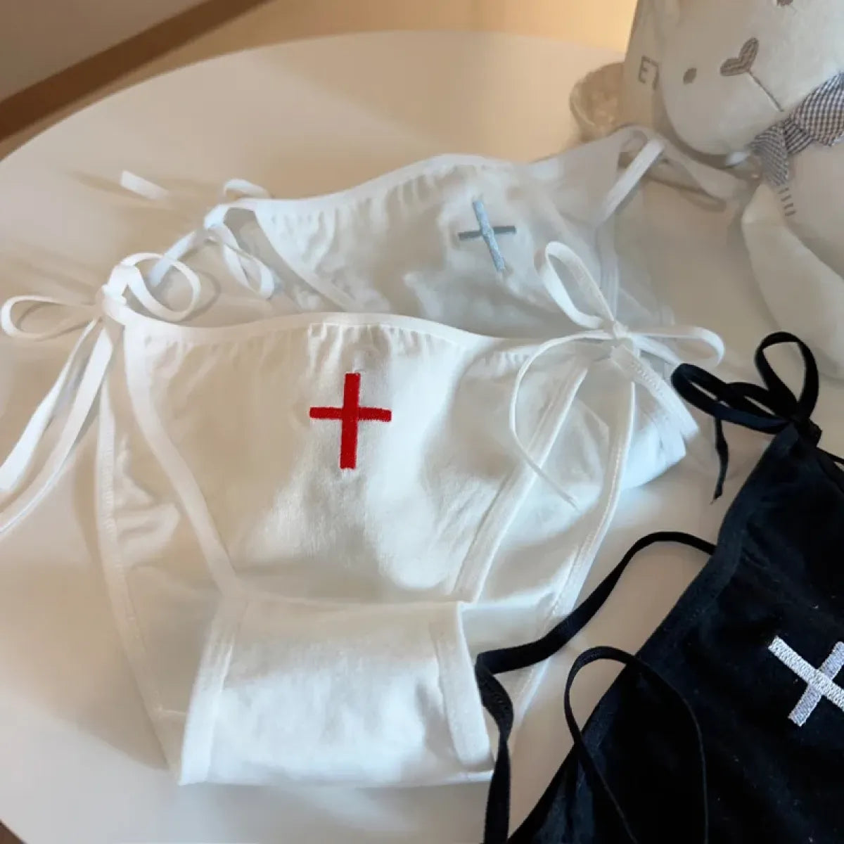 Cross Embroidered Low-Waist Lace-Up Lolita Cotton Panties – Kawaii - Sexy Lingerie - Panties - 2