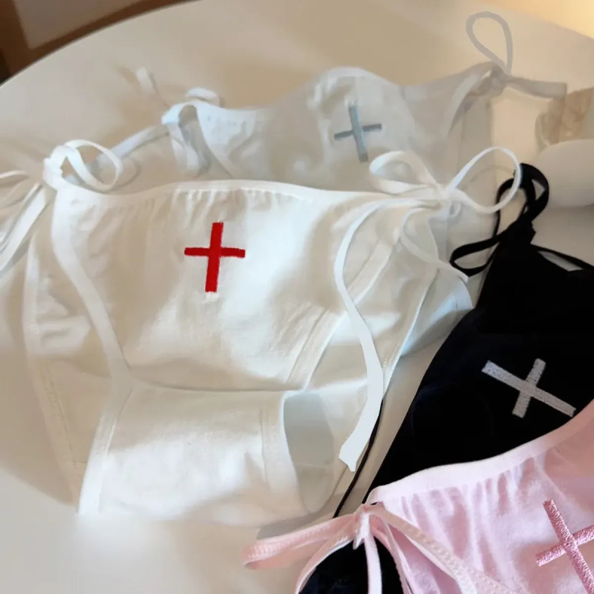 Cross Embroidered Low-Waist Lace-Up Lolita Cotton Panties – Kawaii - Sexy Lingerie - Panties - 3