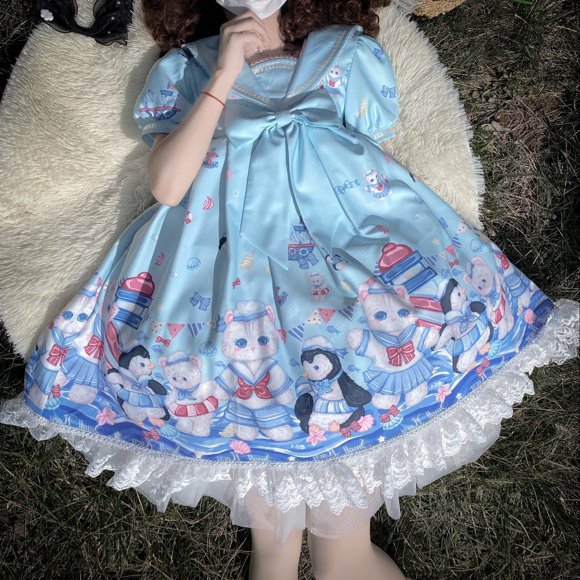 Lolita Dress With Cute Cat and Penguin Print - Light Blue / S - All Dresses - Clothing - 8 - 2024