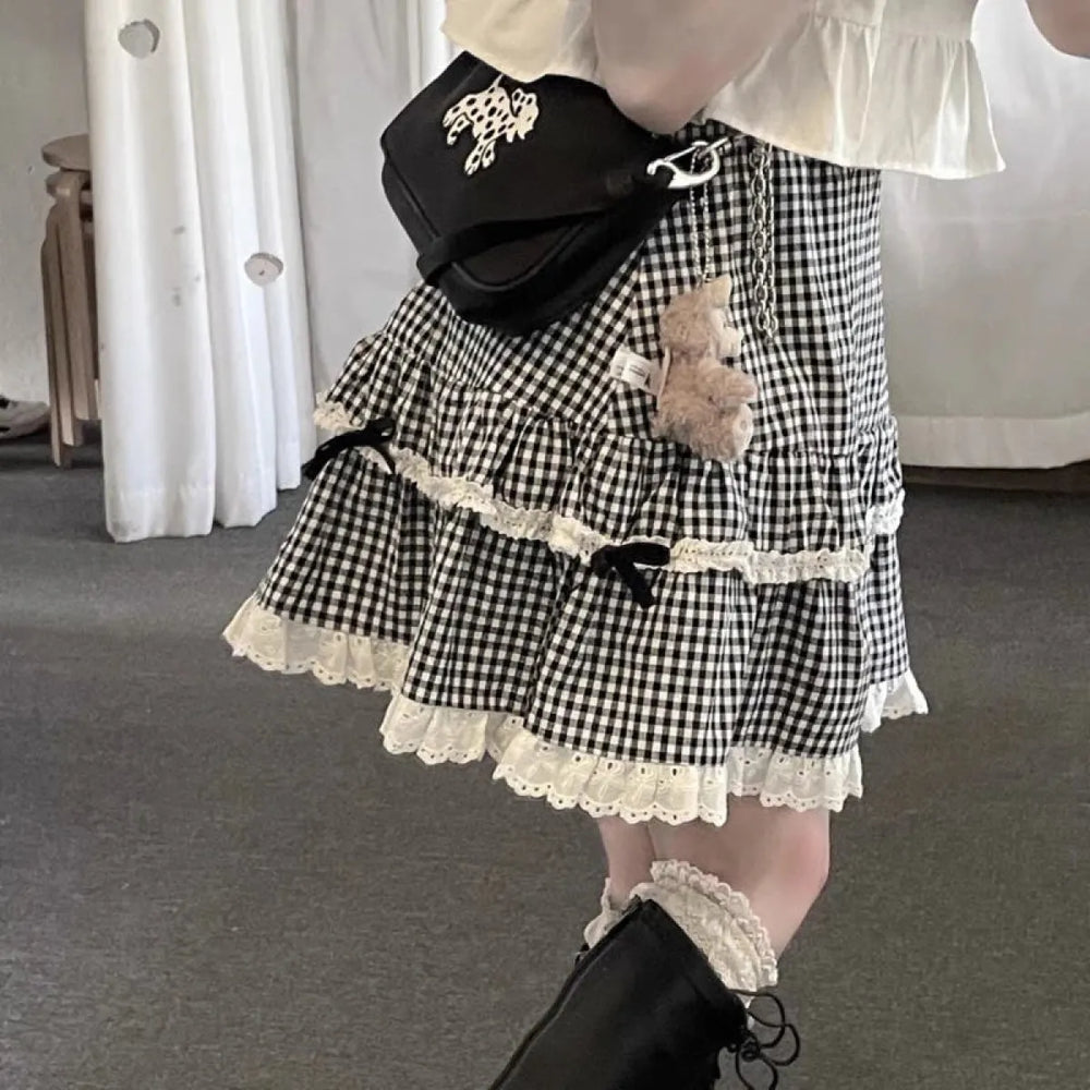 Lolita Lace Plaid Mini Skirt - Bottoms - Skirts - 1