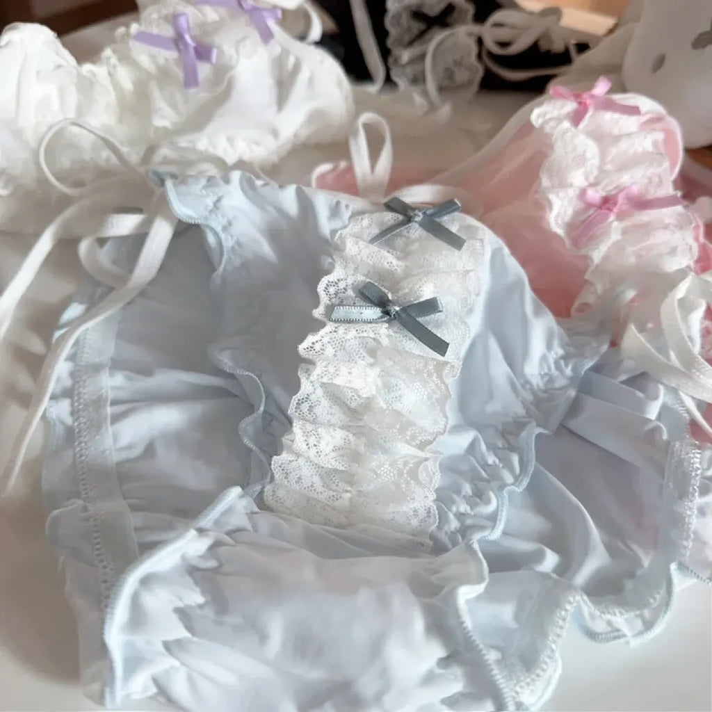 Lolita Lace Ruffle Bow Panties – Cute Low Waist Tie-Up Briefs - Women’s Clothing & Accessories - Panties - 2
