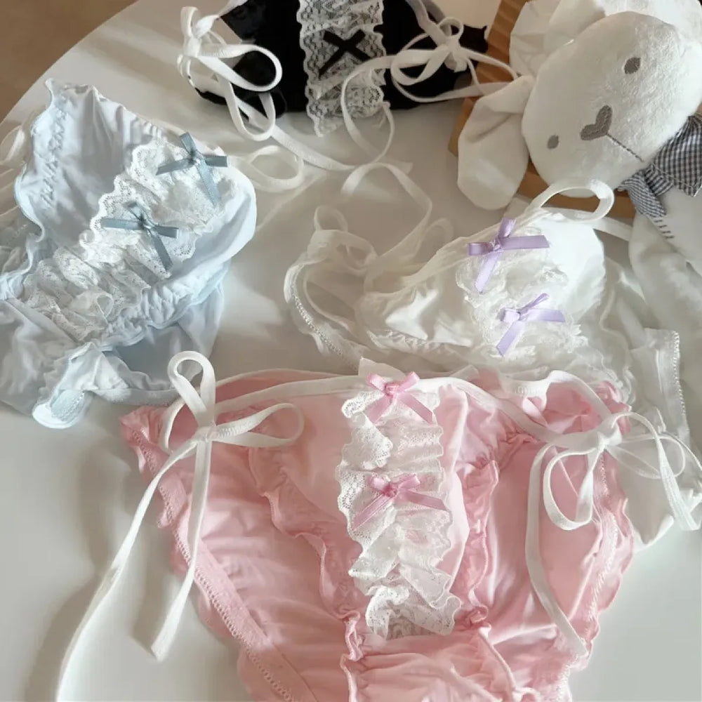 Lolita Lace Ruffle Bow Panties – Cute Low Waist Tie-Up Briefs - Women’s Clothing & Accessories - Panties - 1