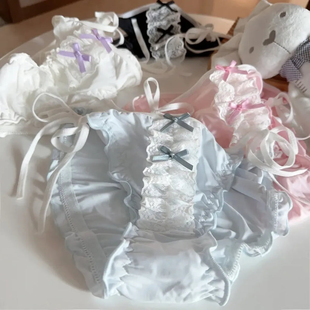 Lolita Lace Ruffle Bow Panties – Cute Low Waist Tie-Up Briefs - Women’s Clothing & Accessories - Panties - 3
