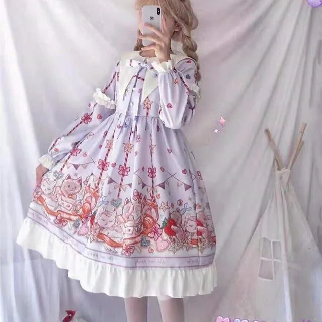 Lolita OP Dress Women Harajuku Long Sleeve Doll Style Lace Trim - Purple / One Size - All Dresses - Dresses - 2025 - 9