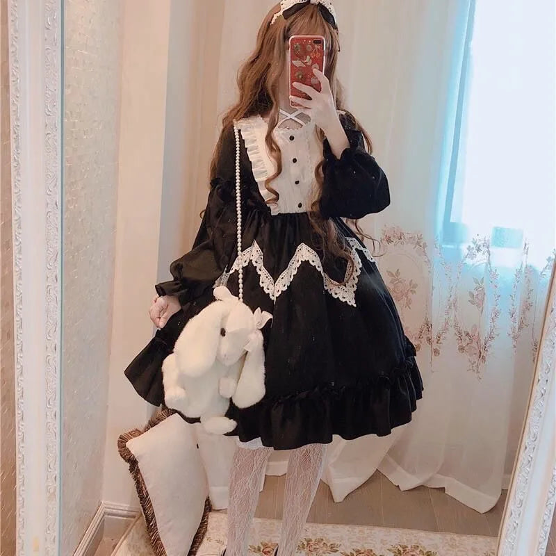 Lolita OP Dress Women Harajuku Long Sleeve Doll Style Lace Trim - White / One Size - All Dresses - Dresses - 2025 - 7