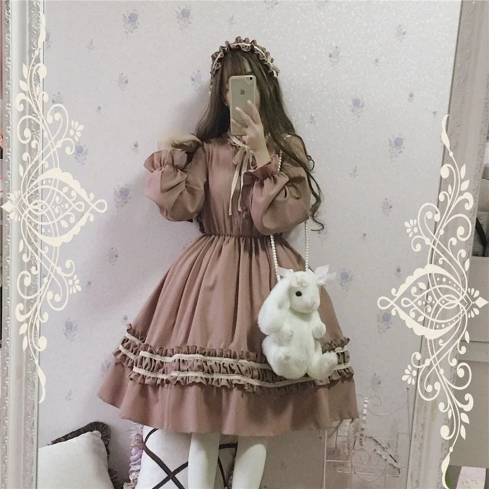 Lolita OP Dress Women Harajuku Long Sleeve Doll Style Lace Trim - Pink / One Size - All Dresses - Dresses - 2025 - 11