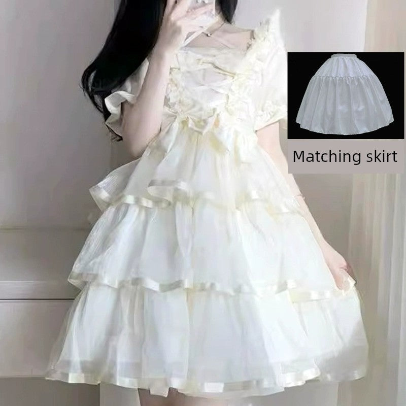 Lolita Princess Dress Fairy Birthday Trailing Lolita - Raw color OP + bow tail + skirt / S (suitable for 40.00 kg-47.50