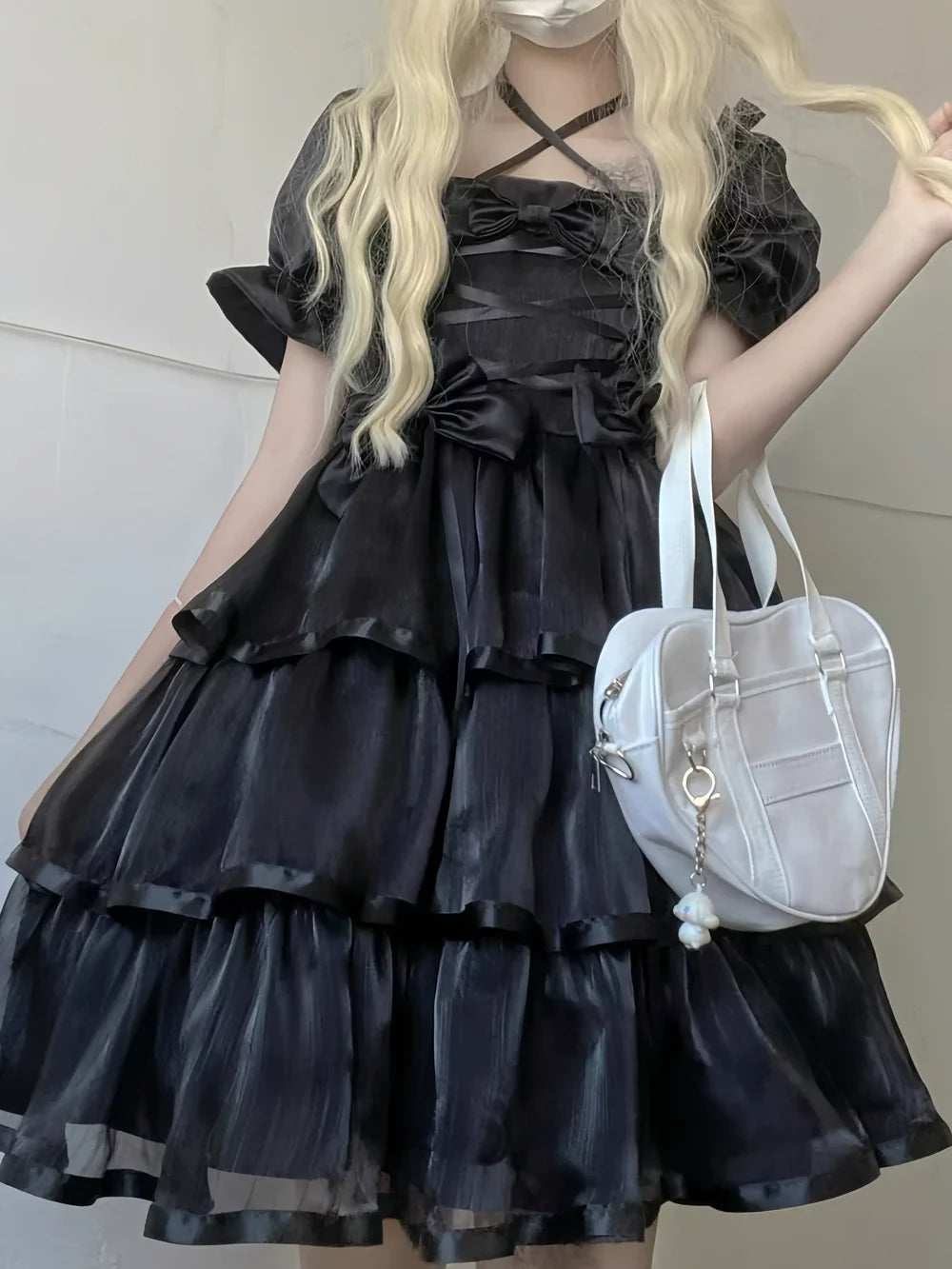 Lolita Princess Dress Fairy Birthday Trailing Lolita - Black OP + bow trailing / S (suitable for 40.00 kg-47.50 kg,