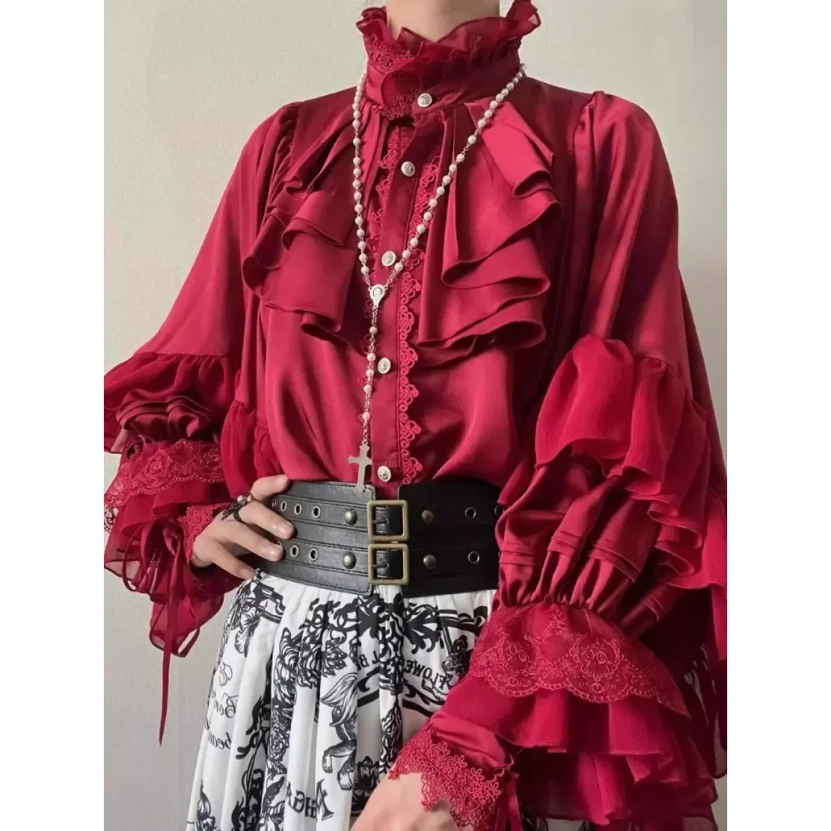 Lolita Ruffle Lace Lantern Sleeve Blouse - Women’s Clothing & Accessories - Blouse - 1